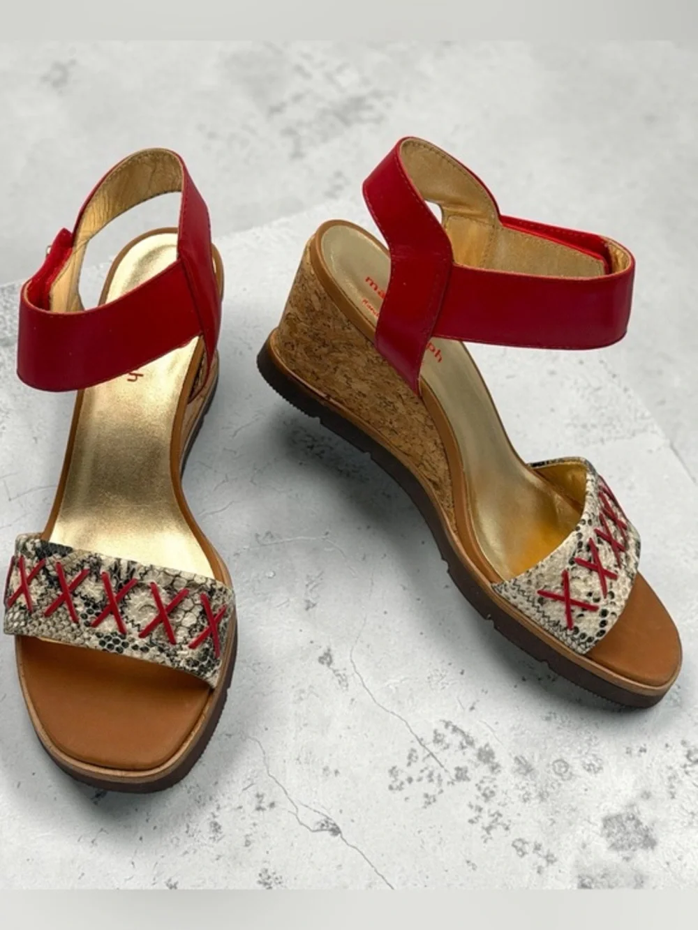 Marc Joseph Dyckman Street Sandals Wedge in Red and Beige Size 5